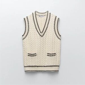Zara Cream/Black V-Neck Sweater Vest